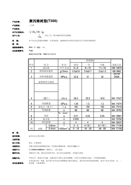 上海石化PP T300 物性表