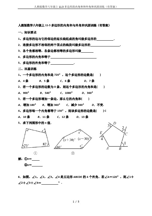 人教版数学八年级上11.3多边形的内角和和外角和巩固训练(有答案)