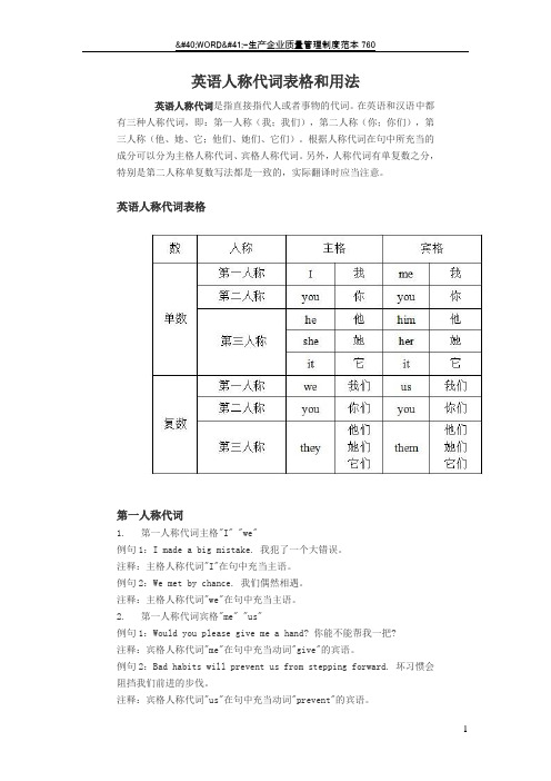 英语人称代词表格和用法