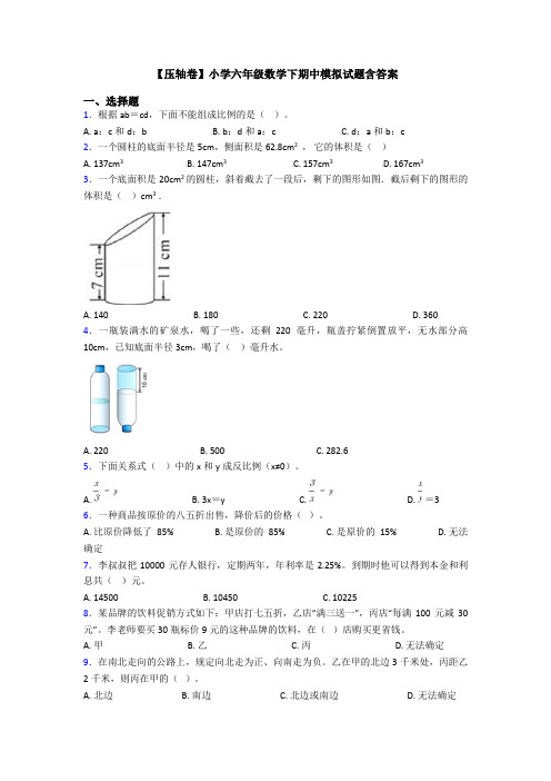 【压轴卷】小学六年级数学下期中模拟试题含答案