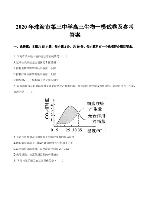 2020年珠海市第三中学高三生物一模试卷及参考答案