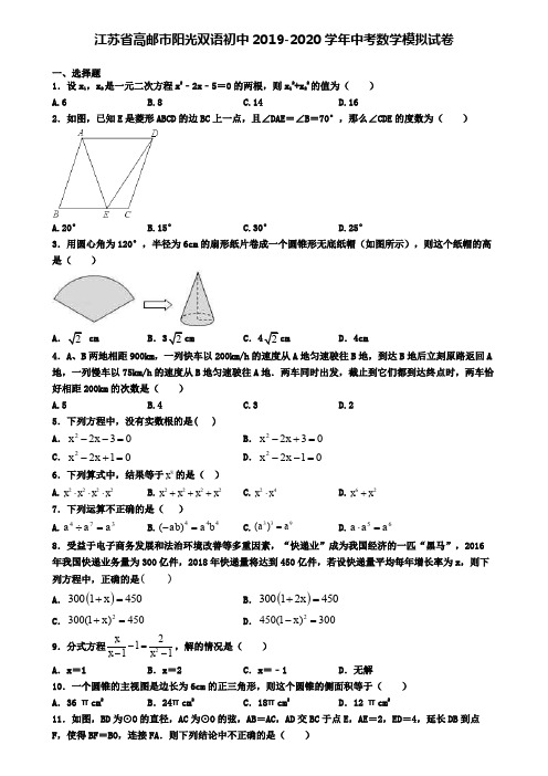 江苏省高邮市阳光双语初中2019-2020学年中考数学模拟试卷