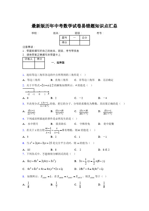 2019最新版历年中考数学试卷易错题知识点汇总859533