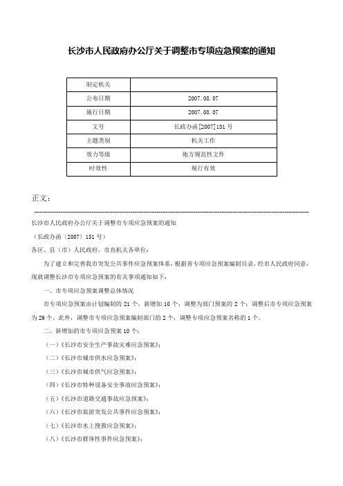 长沙市人民政府办公厅关于调整市专项应急预案的通知-长政办函[2007]131号