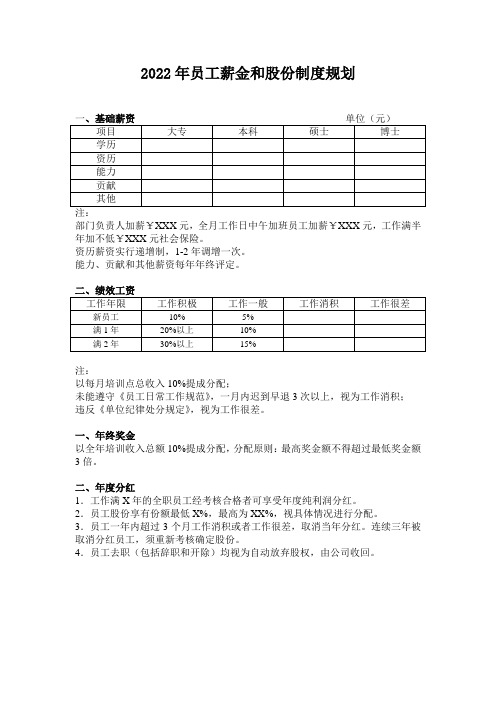 2022年员工薪金和股份制度规划