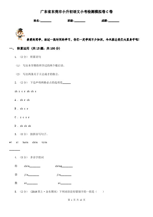 广东省东莞市小升初语文小考检测模拟卷C卷