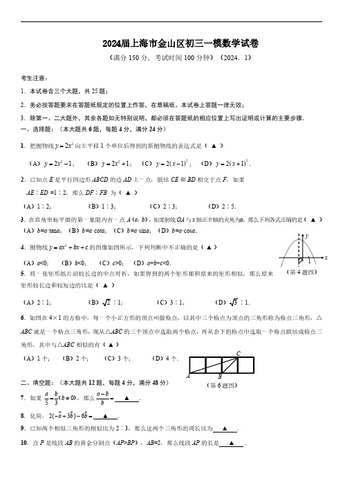 2024届上海市金山区初三一模数学试卷(含答案)