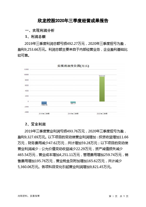 欣龙控股2020年三季度经营成果报告