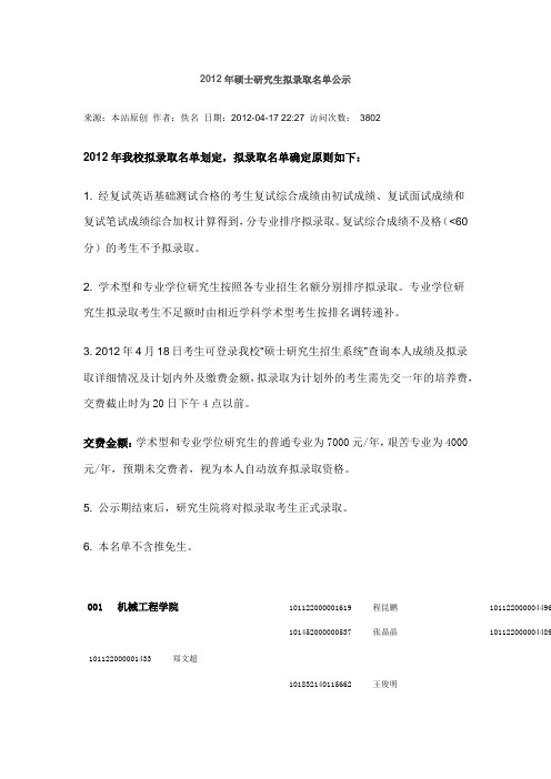 太原理工大学2012年硕士研究生拟录取名单公示