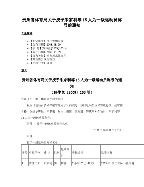 贵州省体育局关于授予朱家利等15人为一级运动员称号的通知