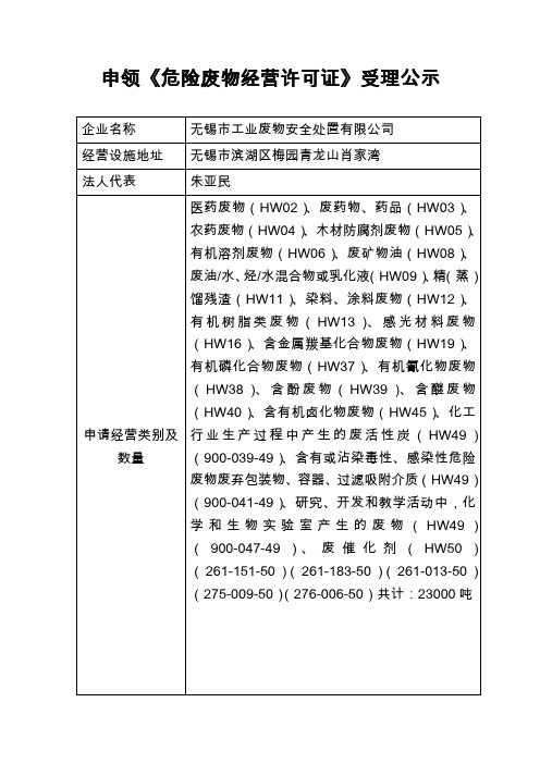 无锡市工业固体废弃物安全处置有限公司申领《危险废物经营许可证》受理公示