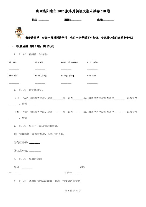 山西省阳泉市2020版小升初语文期末试卷01B卷