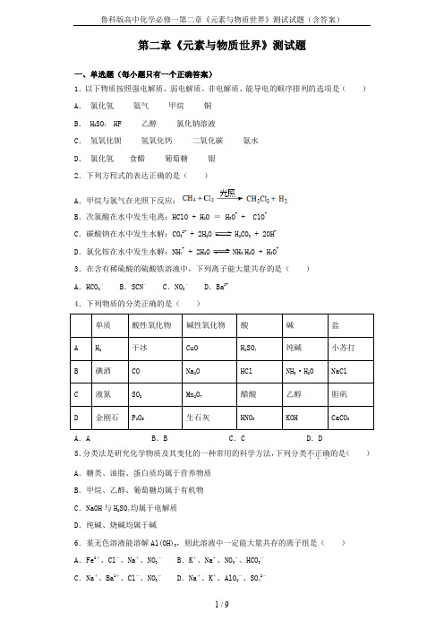 鲁科版高中化学必修一第二章《元素与物质世界》测试试题(含答案)