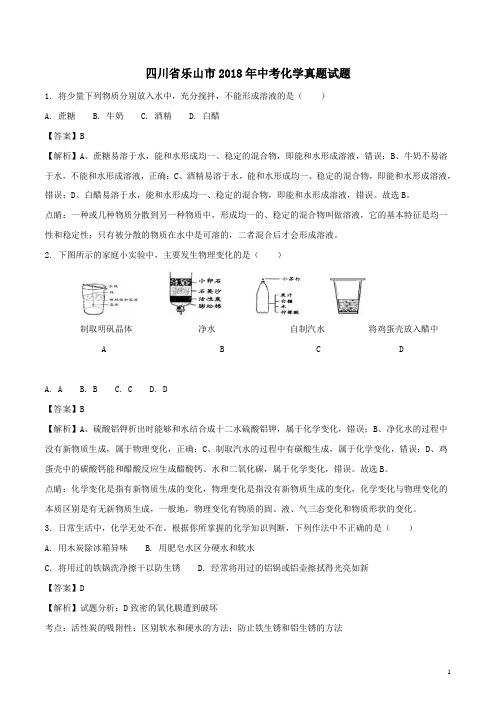 四川省乐山市2018年中考化学真题试题(含解析)