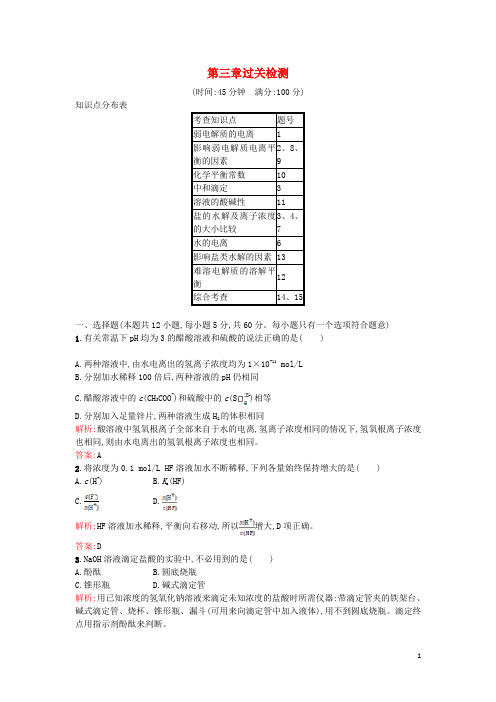 高中化学第三章水溶液中的离子平衡过关检测(含解析)新人教版选修4