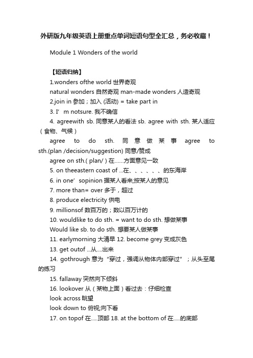 外研版九年级英语上册重点单词短语句型全汇总，务必收藏！