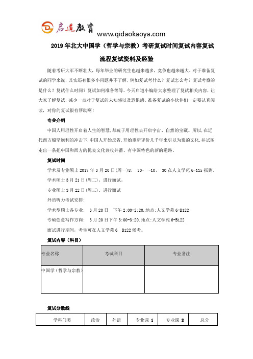 2019年北大中国学(哲学与宗教)考研复试时间复试内容复试流程复试资料及经验