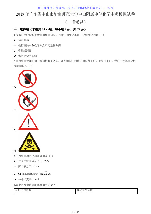 2019年广东省中山市华南师范大学中山附属中学化学中考模拟试卷(一模考试)答案及解析