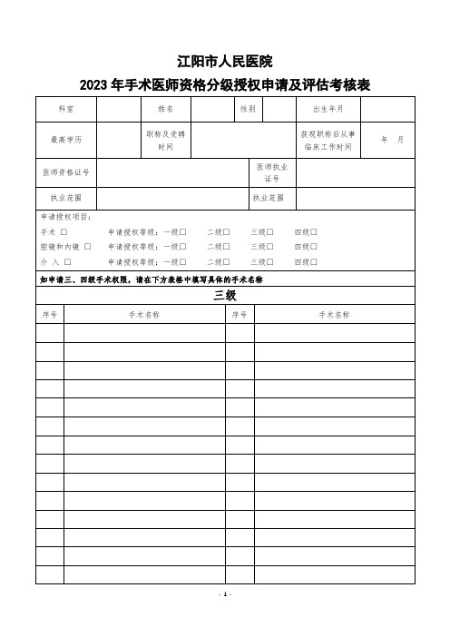 (最新)2023年手术医师资格分级授权申请及评估考核表