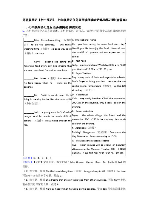 外研版英语【初中英语】 七年级英语任务型阅读阅读表达单元练习题(含答案)