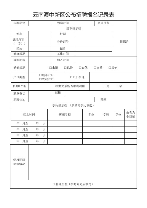 云南滇中新区公布招聘报名记录表