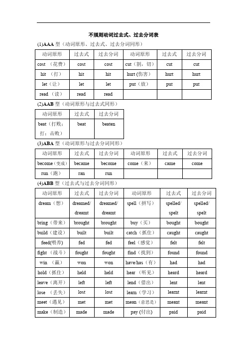 外研版英语八年级 不规则动词过去式过去分词表 全