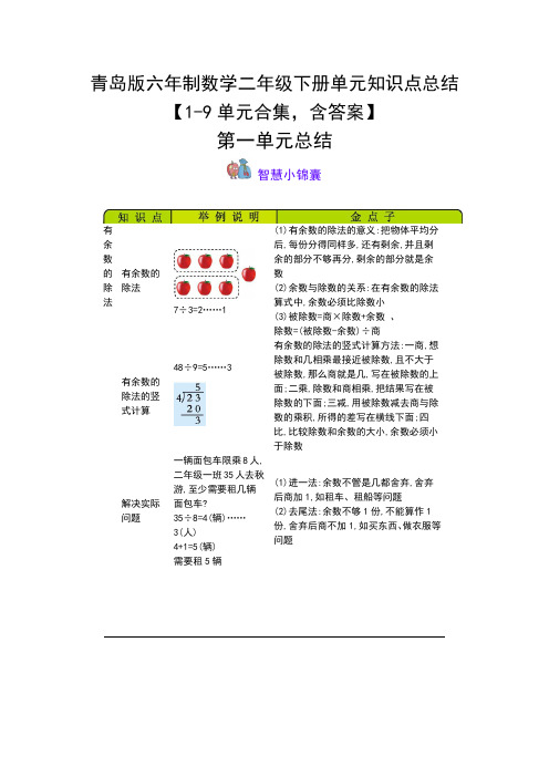 青岛版六年制数学二年级下册单元知识点总结【1-9单元合集,含答案】