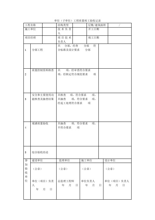单位(子单位)工程质量竣工验收记录