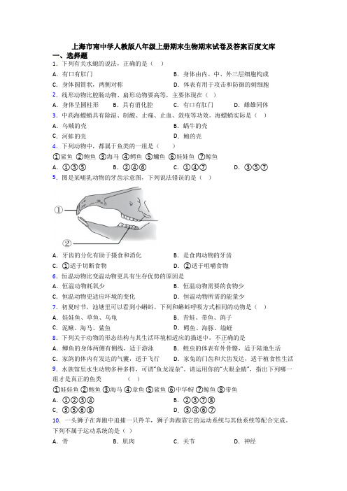 上海市南中学人教版八年级上册期末生物期末试卷及答案百度文库