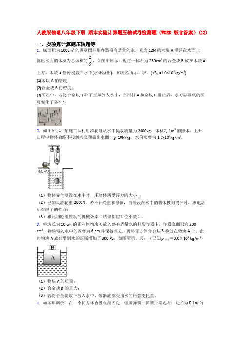 人教版物理八年级下册 期末实验计算题压轴试卷检测题(WORD版含答案)(12)