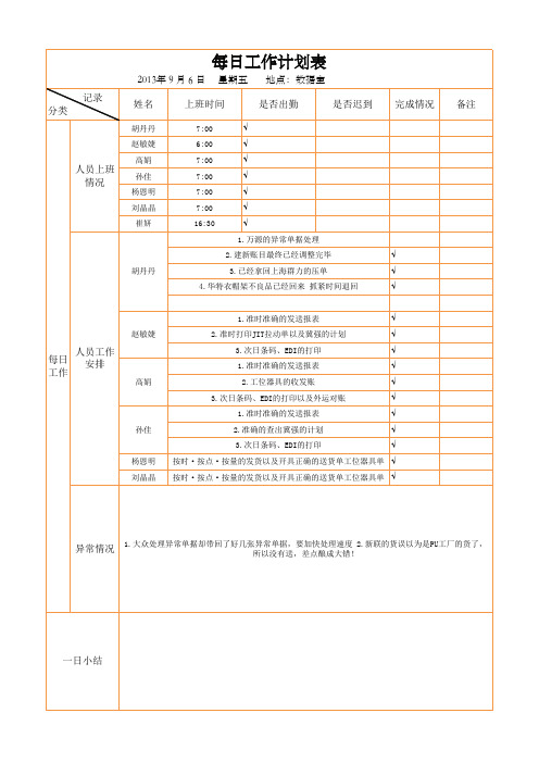 9月6日工作计划表