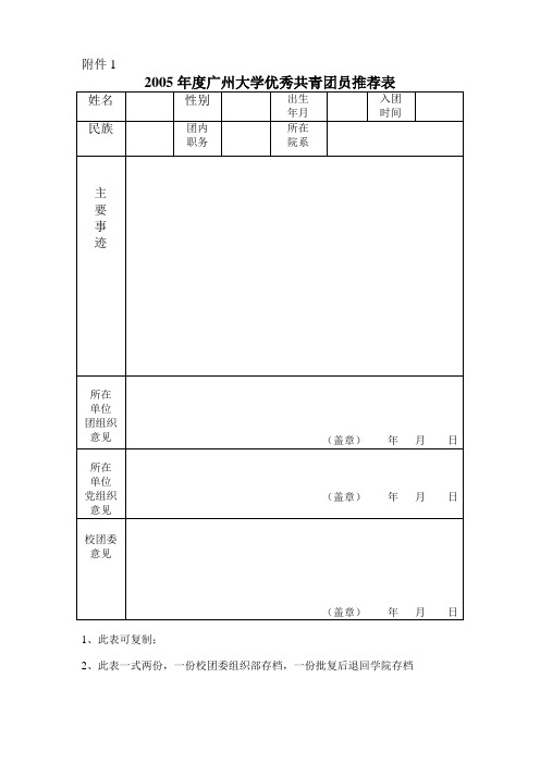 2005年度广州大学优秀共青团员推荐表