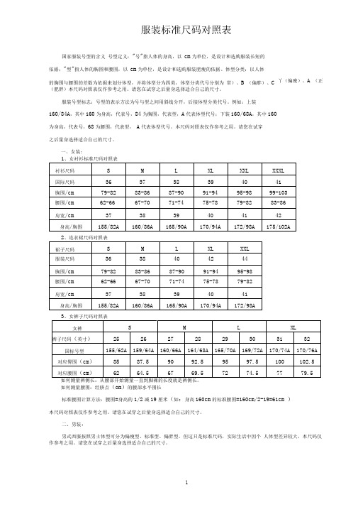 服装标准尺码对照表