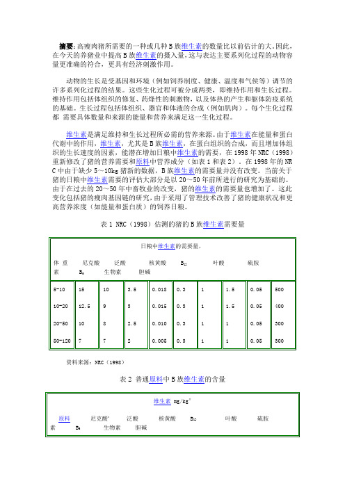 高瘦肉率猪的日粮B族维生素需要量