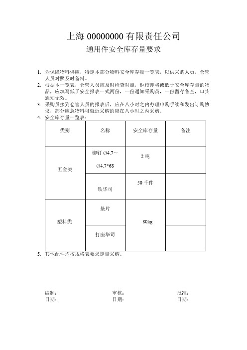 通用件安全库存量要求