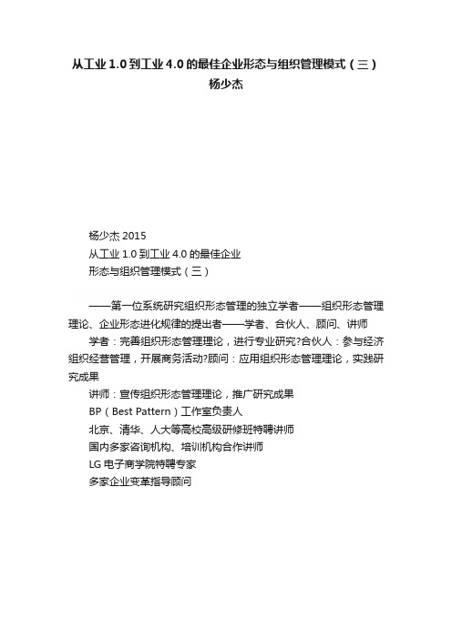 从工业1.0到工业4.0的最佳企业形态与组织管理模式（三）杨少杰