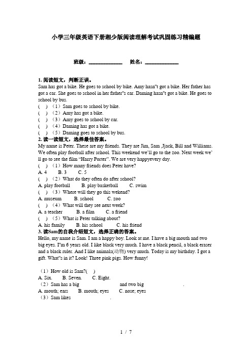 小学三年级英语下册湘少版阅读理解考试巩固练习精编题