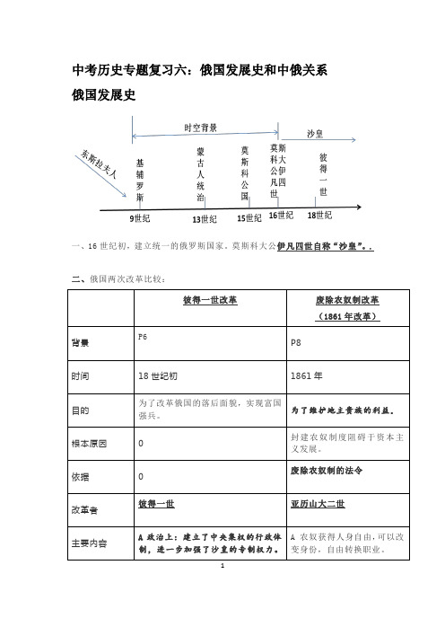 中考历史专题复习六：俄国发展史和中俄关系