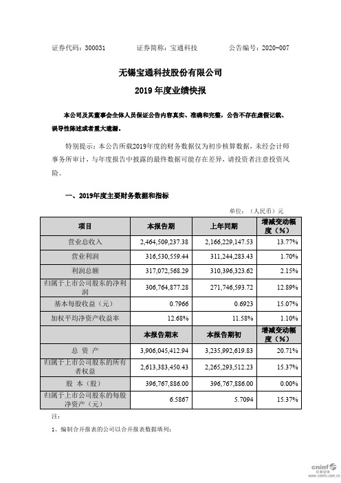 宝通科技：2019年度业绩快报