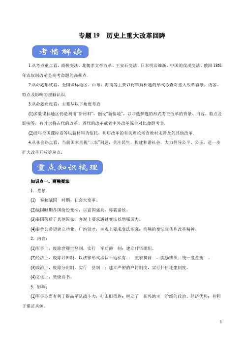 历史知识清单-专题19 历史上重大改革回眸(考点精解)(原卷+解析版)