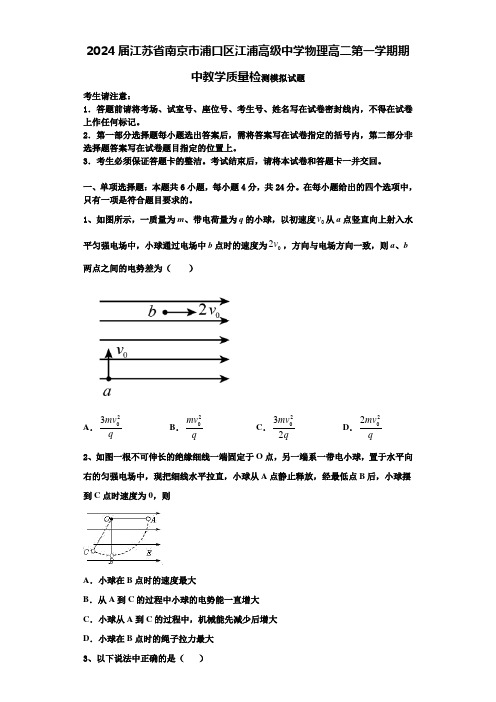 2024届江苏省南京市浦口区江浦高级中学物理高二第一学期期中教学质量检测模拟试题含解析