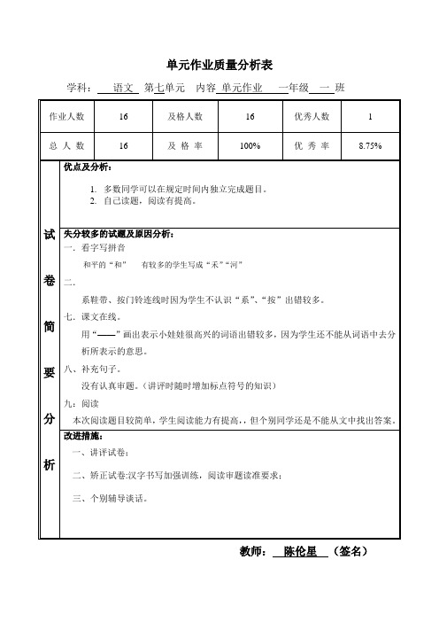 一年级语文上册第七单元作业质量分析