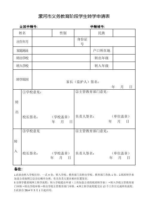 漯河市义务教育阶段学生转学申请表