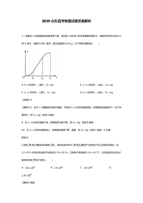 2020年山东高考物理解析版原卷版试题