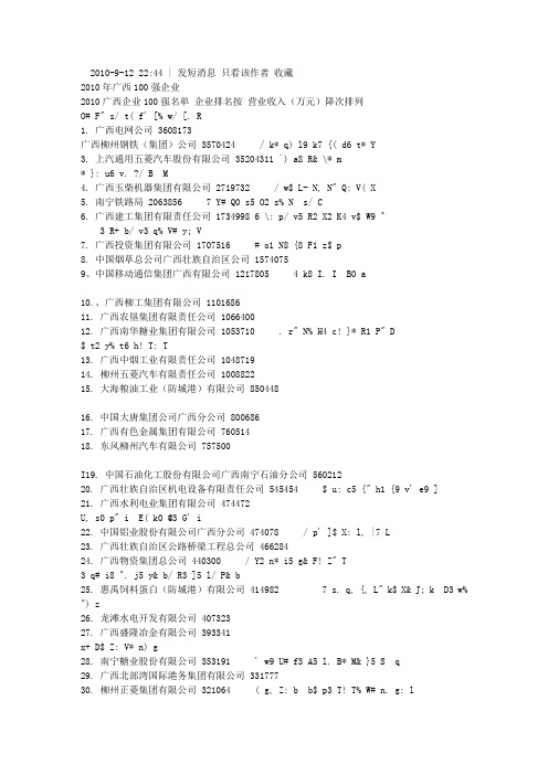 2010广西企业100强名单 企业排名按 营业收入(万元)降次排