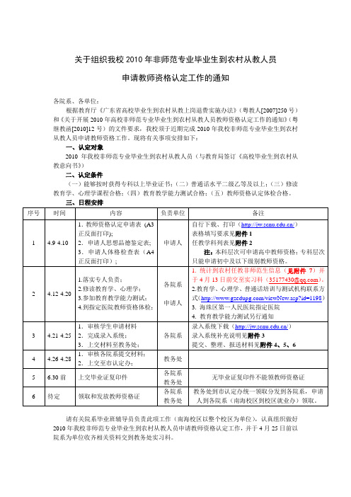 关于组织我校2010年非师范专业毕业生到农村从教人员