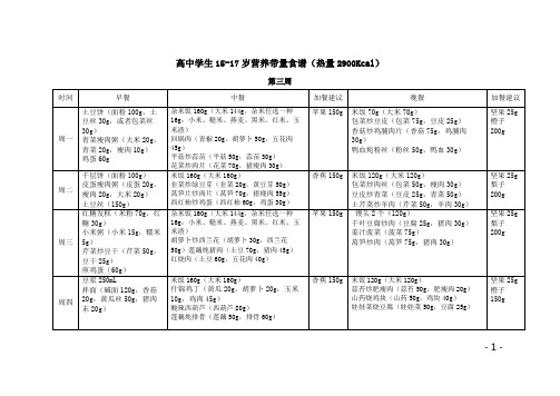 高中学生15-17岁营养带量食谱(热量2900Kcal)第三周