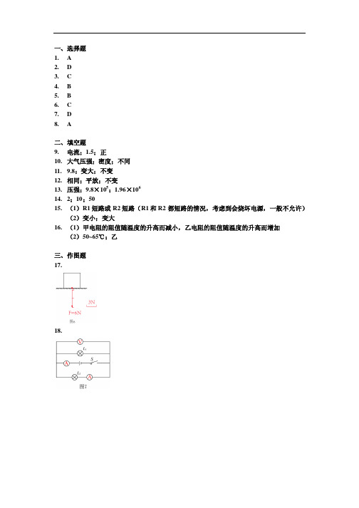 2015中考浦东一模物理答案