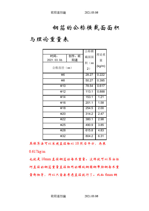 钢筋理论重量表、计算公式之欧阳道创编