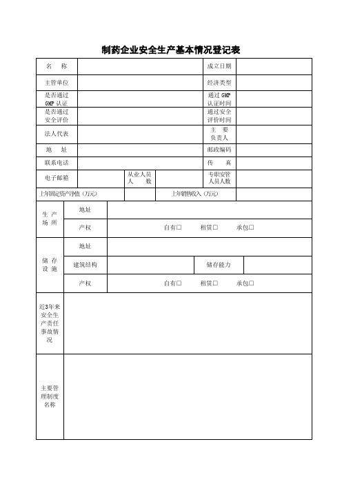 制药企业安全生产基本情况登记表